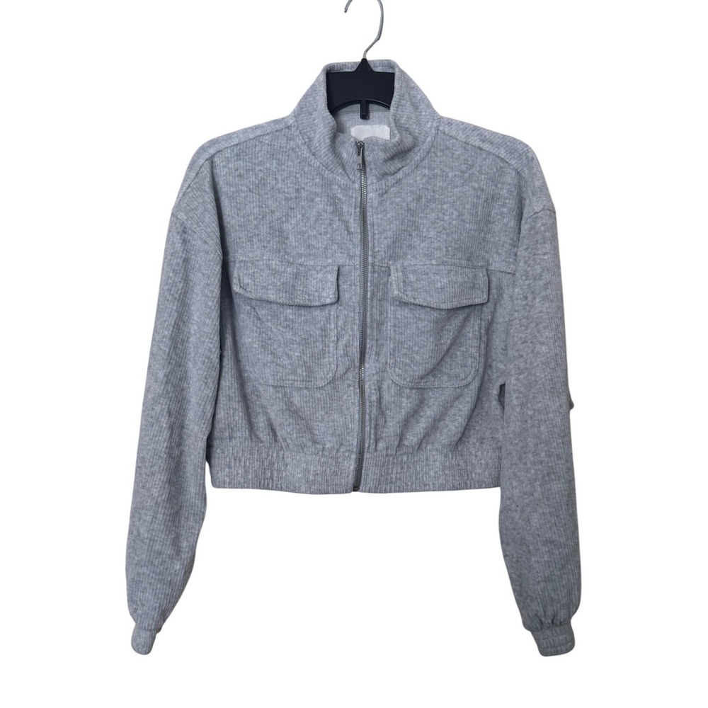 Aerie Women Velour Cotton Blend Jacket Full Zip Long Sleeves Light Grey Size M‎
